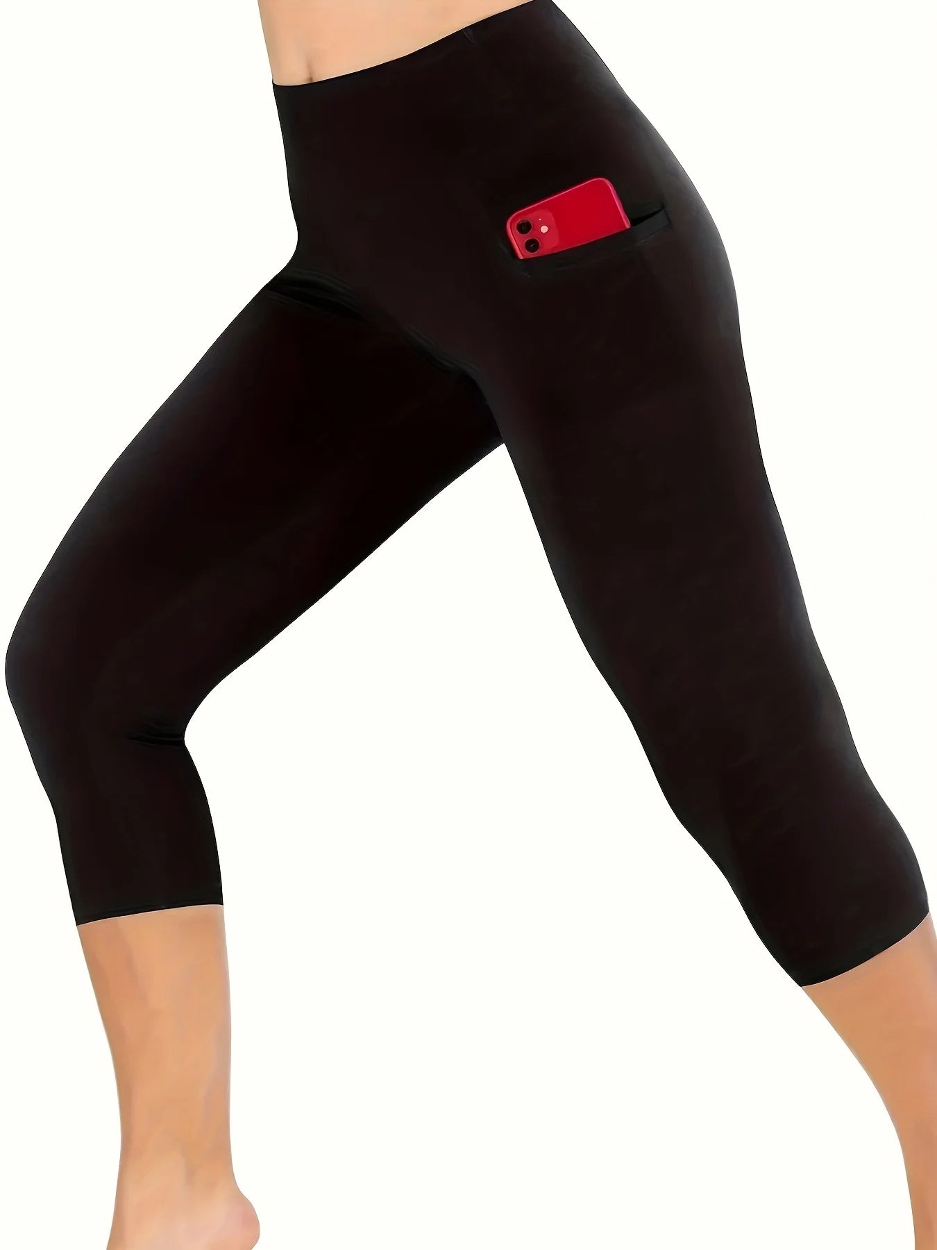 Plus Size Women Casual High Waist With Pockets Yoga Workout Capri Leggings