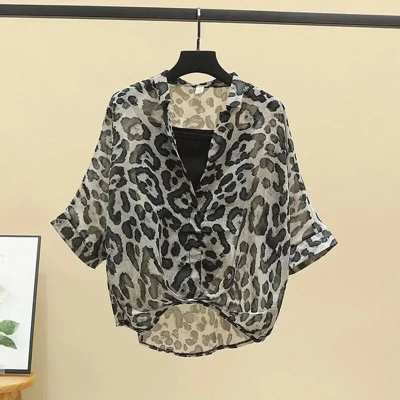 2025 Blusas Mujer De Moda Chiffon Shirts Sets Fashion Sexy Leopard V-neck Blouses Tunic Vest Suit Temperament Summer Loose Tops