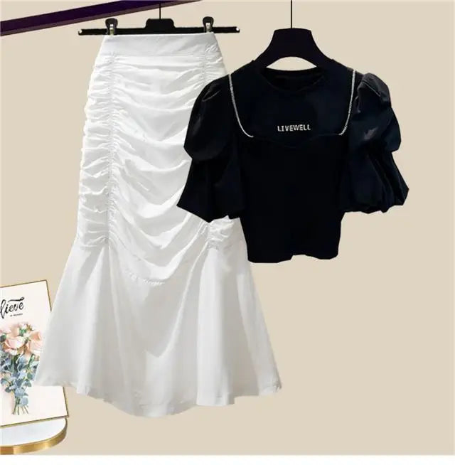 Spring/Summer Set Women's New Korean Edition Sweet and Spicy Bubble Sleeve Spliced Top Age Reducing Half Skirt Two Piece Set
