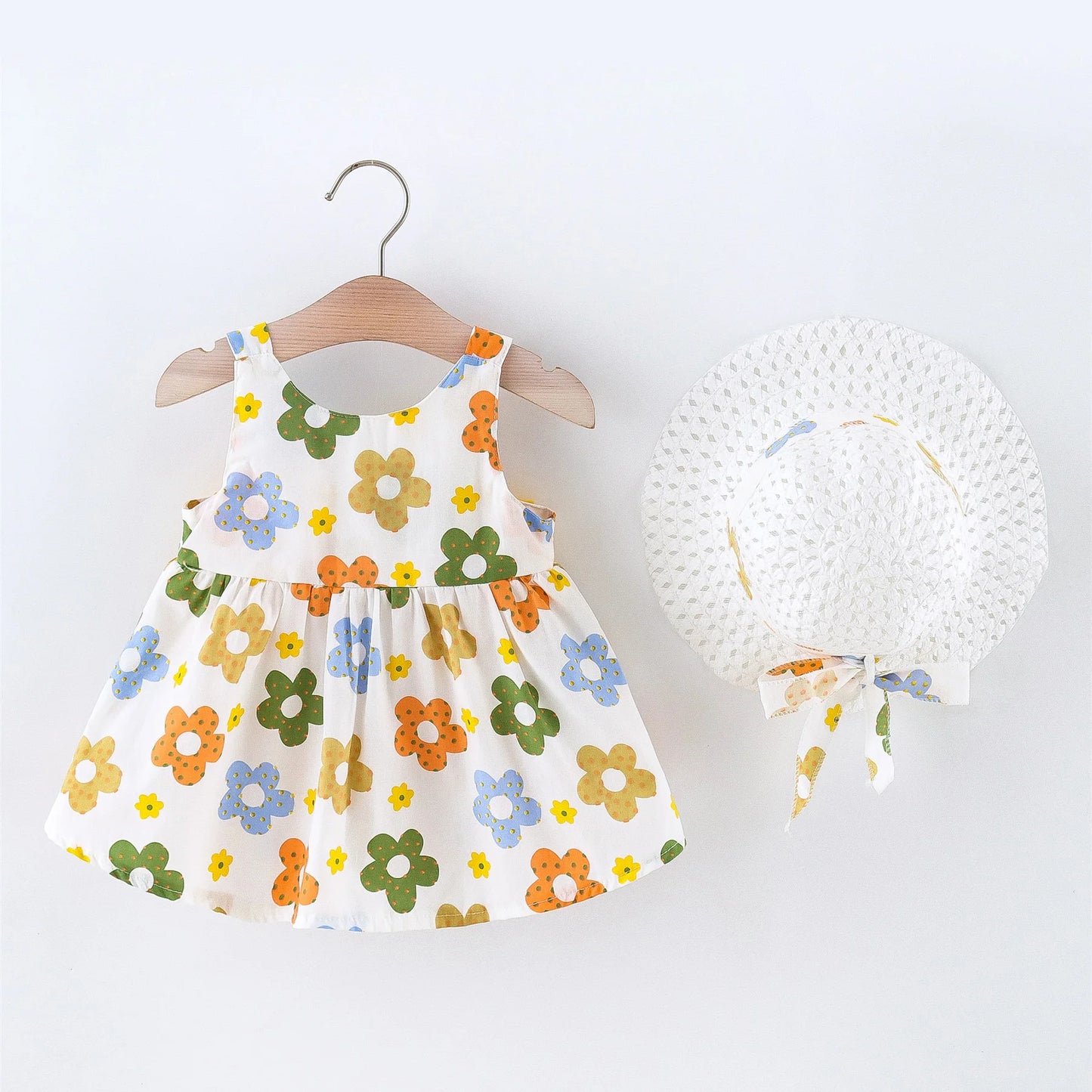 Summer 2/piece set baby girl dress hat little girl big bow design floral print princess dress all over the body