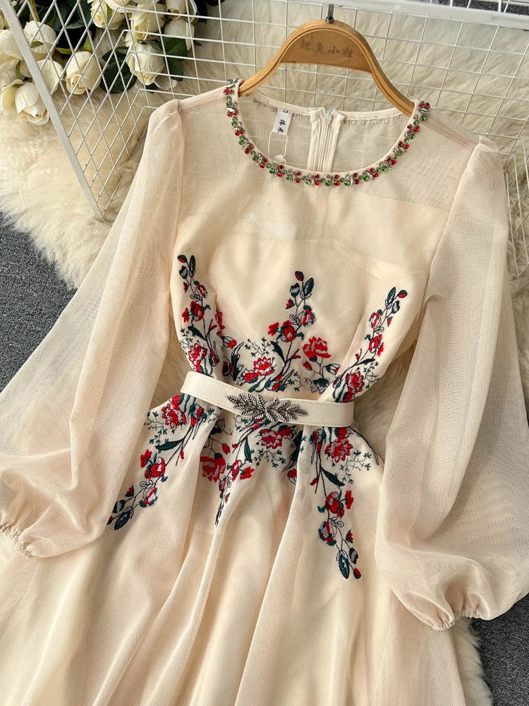 Autumn White/Beige Beading Embroidered Long Dress For Women Elegant O-Neck Puff Sleeve High Waist Elegant Party Robe New Fashion