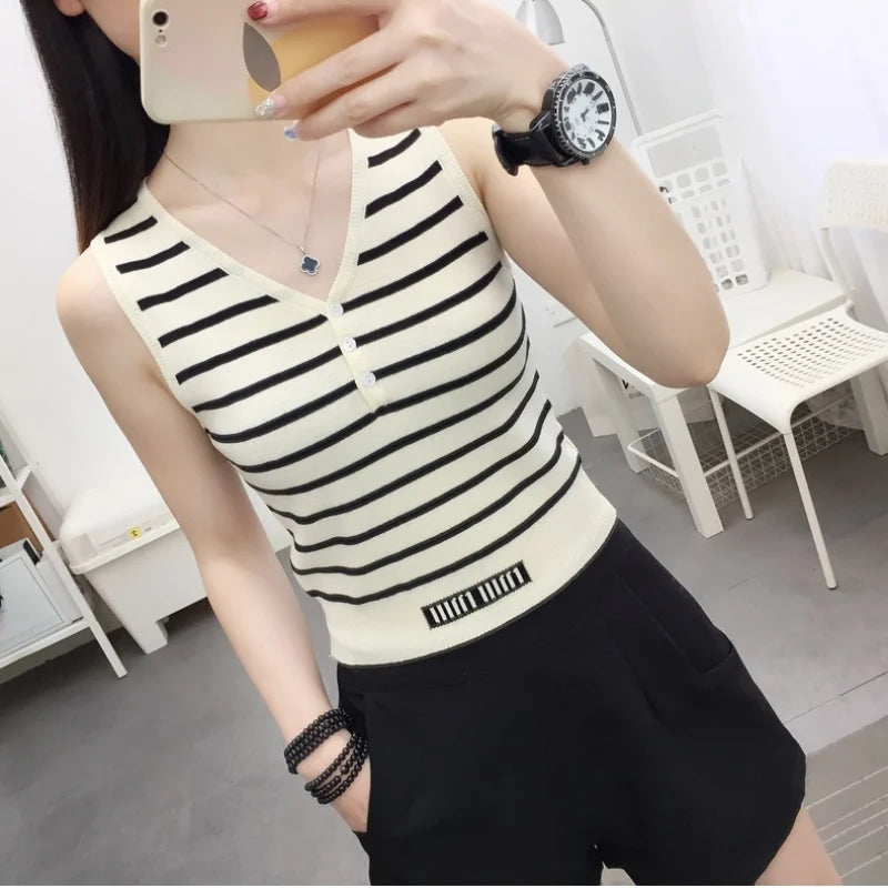 Summer New Short Ice Silk Sling Striped Tank Women's V-neck Button Slim Elastic Versatile Fashion Knitted Sleeveless Top