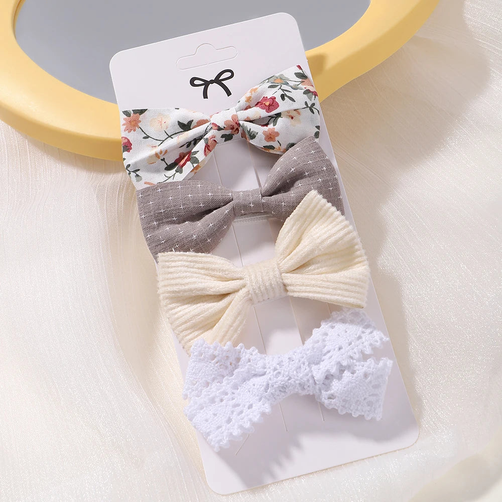 4PCS/Set Muslin Baby Girls Bows Hair Clips Hairpins Hairclip For Kids Cotton Linen Barrette Flower Print Side Pin Accessories