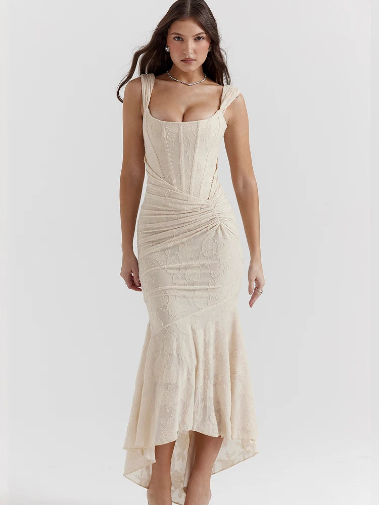 JULISSA MO Sleeve Less Backless Evening Long Dress Irregular Ruched Women Dress New Slim Fit Elegant Square Collar Gown Outfits