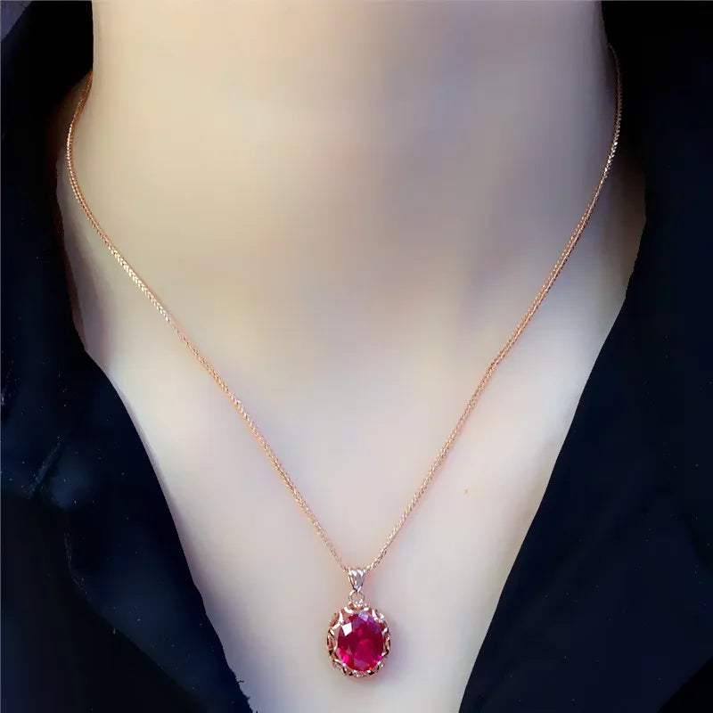 Luxury 585 purple gold inlaid ruby jewelry set hollow design 14K rose gold wedding necklaces rings earrings for girlfriend