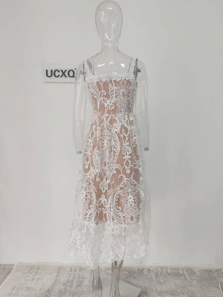 UCXQ Square Neck Lace Embroidery Elegant Long Dress Fairycore Waist Sleeveless Camisole Dresses Women 2025 Spring Summer 23A8639