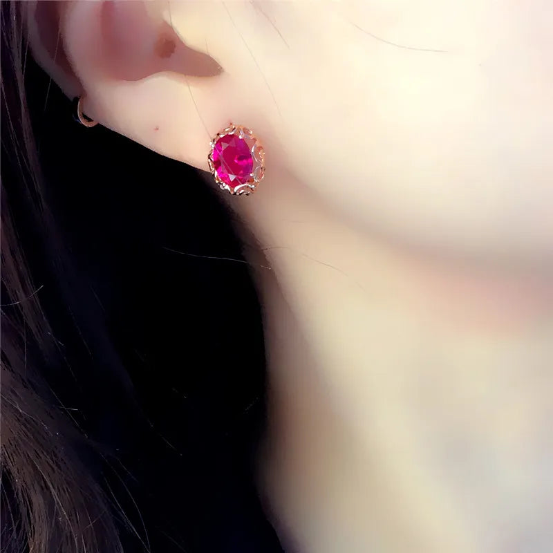Luxury 585 purple gold inlaid ruby jewelry set hollow design 14K rose gold wedding necklaces rings earrings for girlfriend