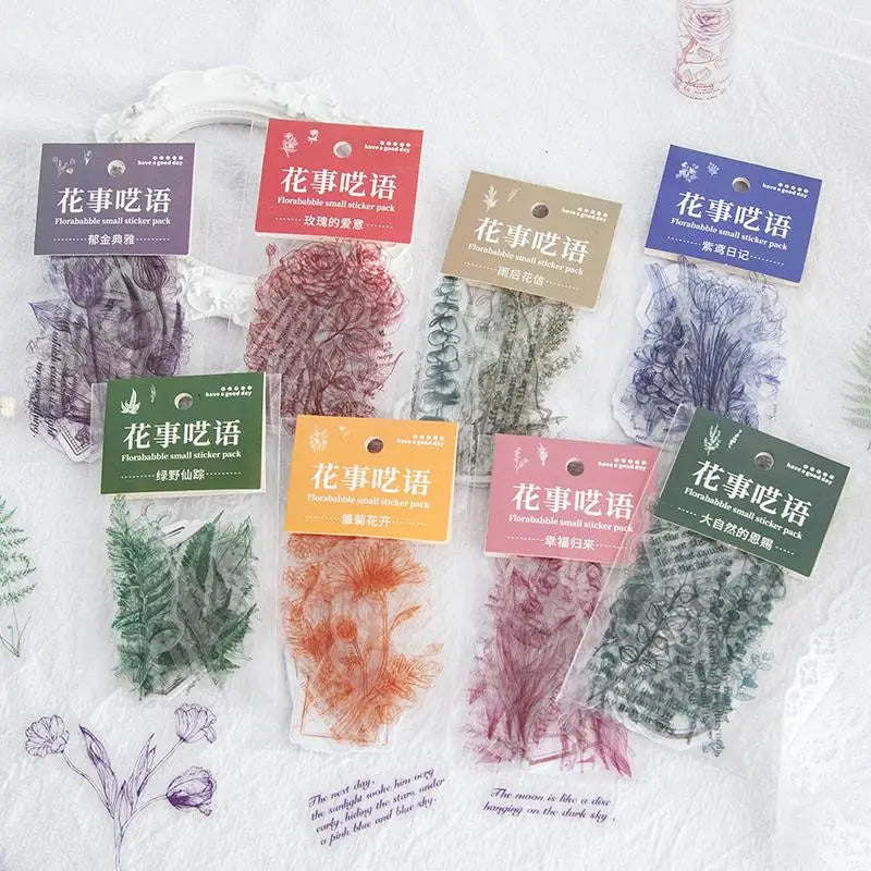 1sets Retro Plant English PET Deco Stickers Plant Flower Leaf Transparent Bullet Journaling Accessories Aesthetic Stickers