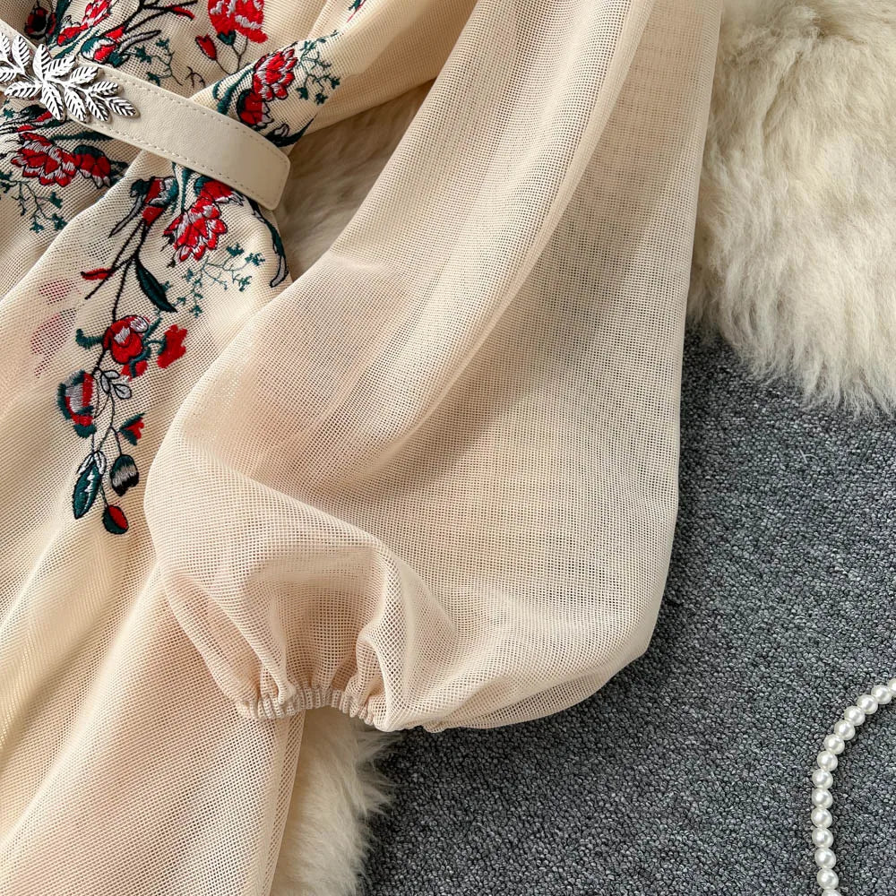 Autumn White/Beige Beading Embroidered Long Dress For Women Elegant O-Neck Puff Sleeve High Waist Elegant Party Robe New Fashion