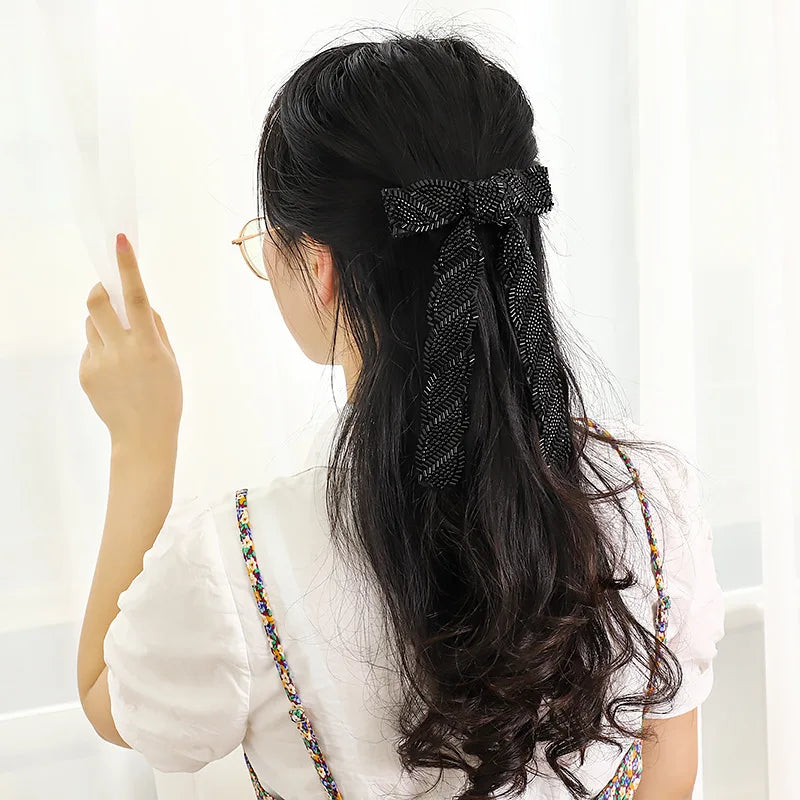 Glass Diamond Beaded Full Pearls Hairclip Bows Ribbon Barrette Girls Bow Hairpins Wedding Hair Accessories Hair Clips Women