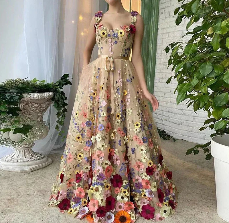 3D Floral Embroidery Strap Slim Maxi Dresses for Women Elegant Fashion Backless Sleeveless Wrap Hip Sexy Party Long Dress