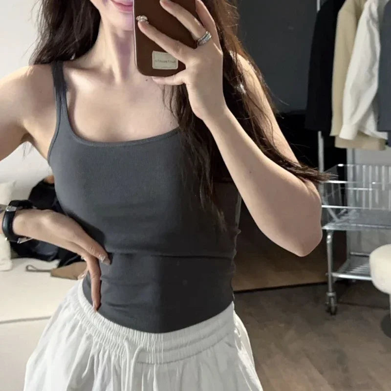 Solid All-Match Invisible Integrated Chest Pad Cami 2024 Spring New Korean Women clothes Short Sleeveless Top