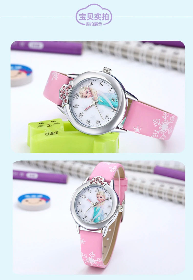 Elsa Girls Kids Watch Leather Strap Cute Children's Cartoon Anime Princess Crown Table Gifts