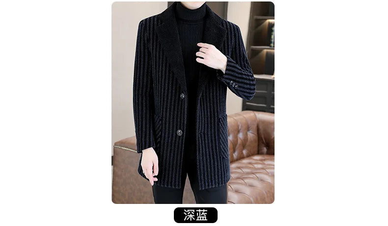 Classic Autumn Winter Men's Mid-Length Woolen Coats Casual Striped Overcoat Outwear Windbreaker Business Warm Long Jackets