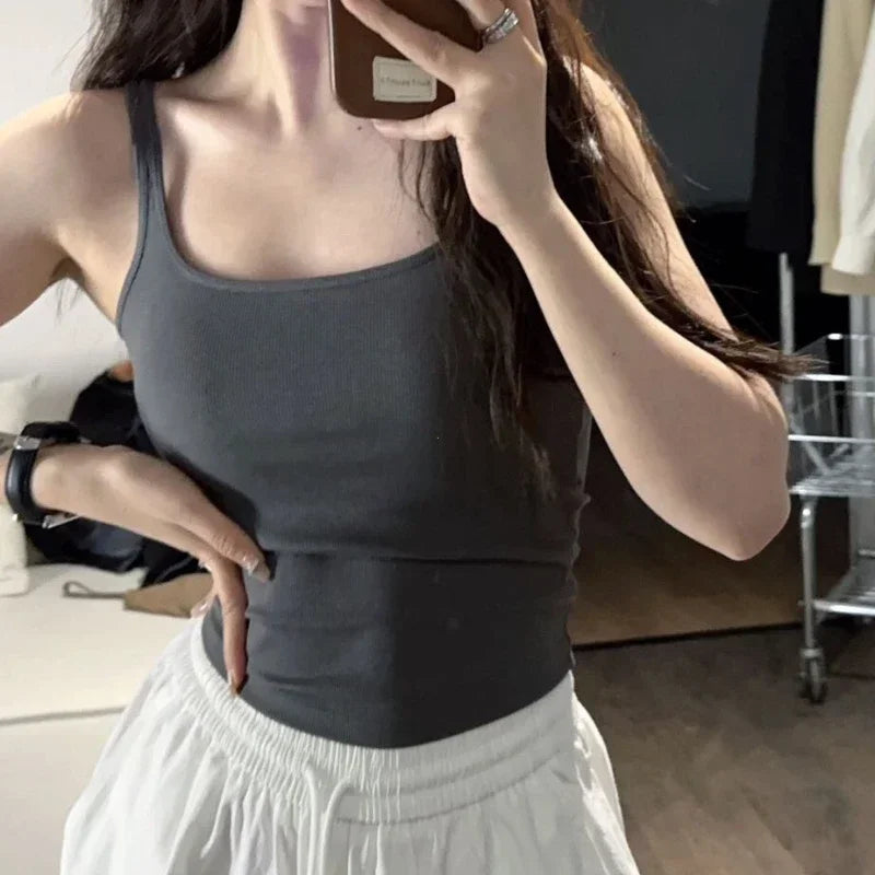 Solid All-Match Invisible Integrated Chest Pad Cami 2024 Spring New Korean Women clothes Short Sleeveless Top