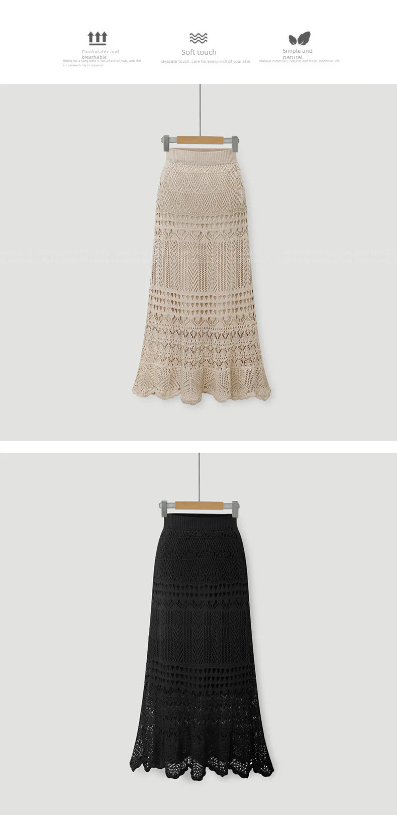 Spring Autumn High-waisted Loose-fit Knit Skirt Women's Hook Flower Hollow Out Long Dress 90cm