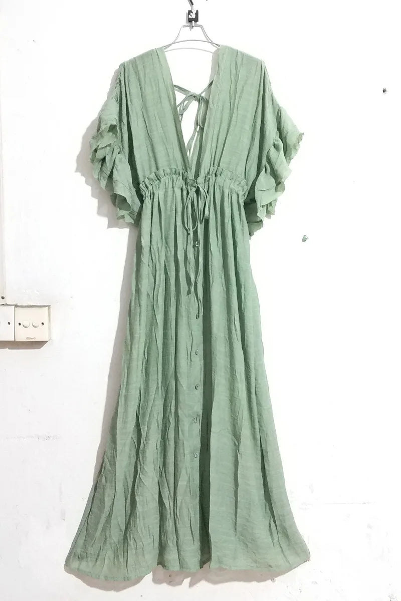 Long Dress Sunscreen Beach V Neck Button Waist Ties