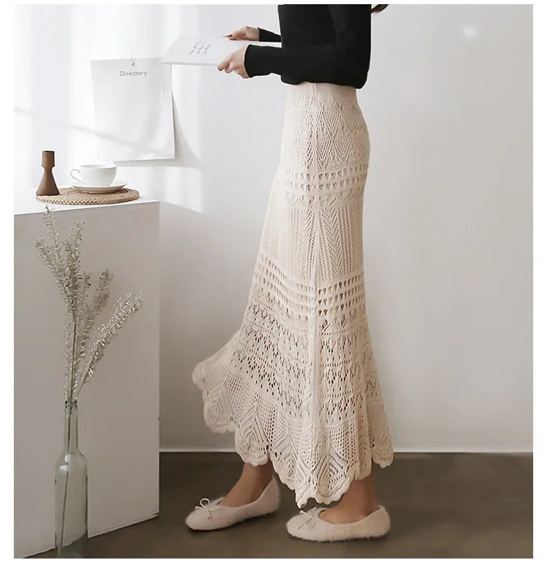 Spring Autumn High-waisted Loose-fit Knit Skirt Women's Hook Flower Hollow Out Long Dress 90cm