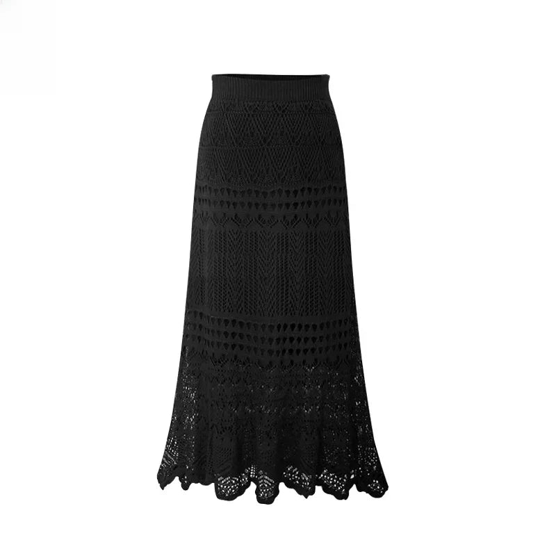 Spring Autumn High-waisted Loose-fit Knit Skirt Women's Hook Flower Hollow Out Long Dress 90cm