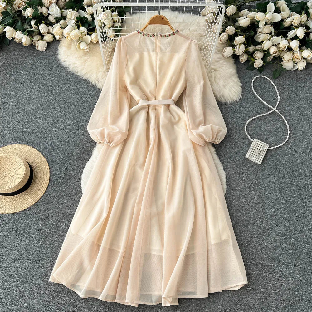 Autumn White/Beige Beading Embroidered Long Dress For Women Elegant O-Neck Puff Sleeve High Waist Elegant Party Robe New Fashion