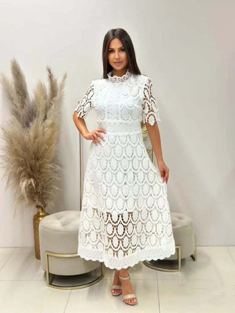 Spring New Fashionable French Lace Stand Up Collar With Bubble Sleeves Waist Cinching Slimming Dress Elegant Long Dress