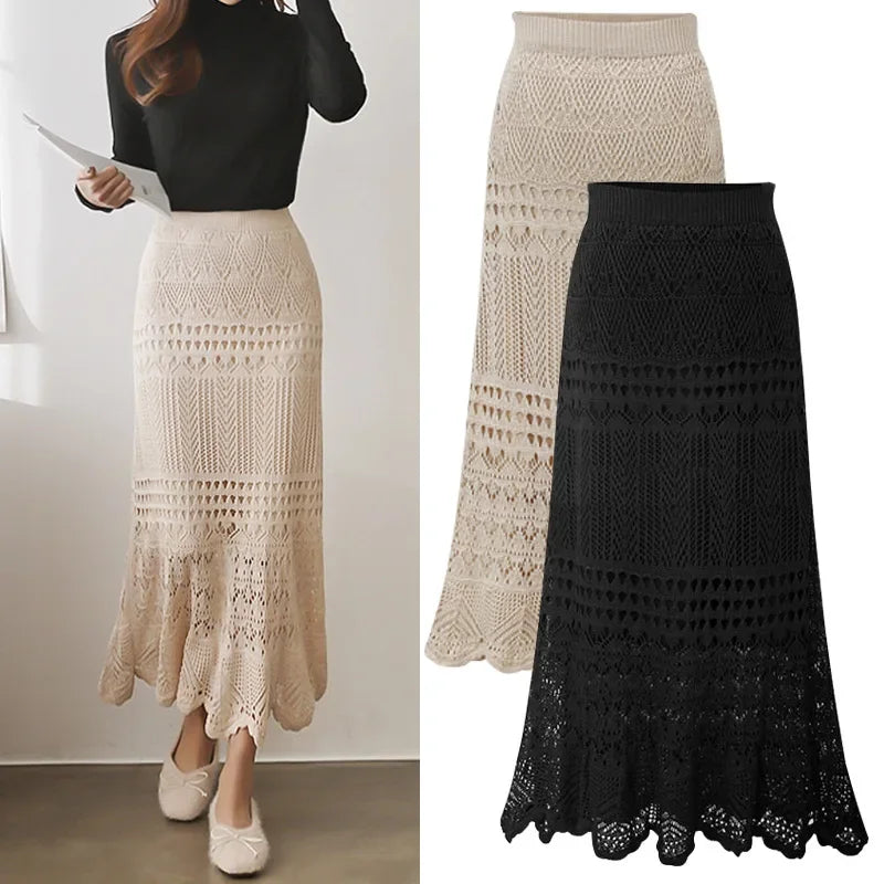 Spring Autumn High-waisted Loose-fit Knit Skirt Women's Hook Flower Hollow Out Long Dress 90cm