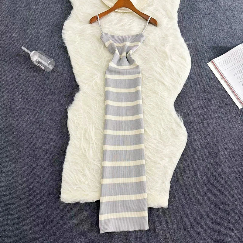 Summer Stripe Elastic Bodycon Strap Dress Sexy Beach Sundress Women Casual Slim Pencil Vestidos Maxi Long Dress