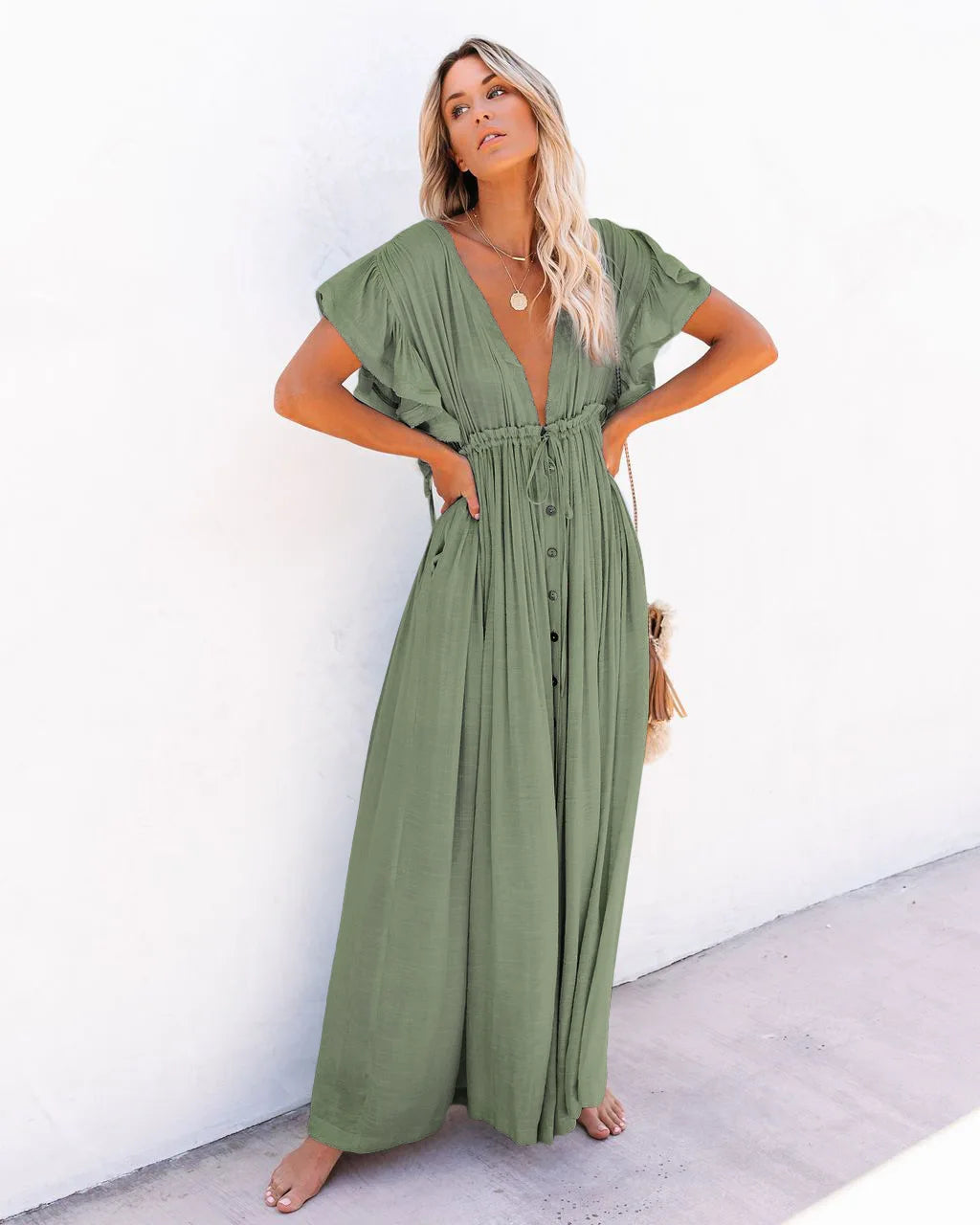 Long Dress Sunscreen Beach V Neck Button Waist Ties
