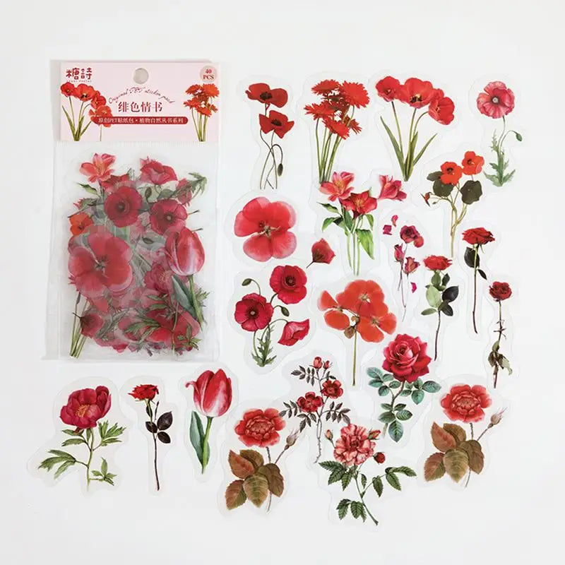 1sets Retro Plant English PET Deco Stickers Plant Flower Leaf Transparent Bullet Journaling Accessories Aesthetic Stickers
