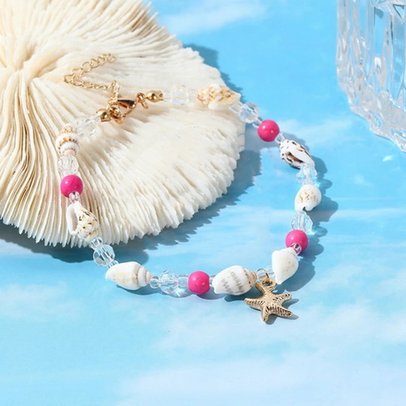 Boho Starfish Conch Bracelet Anklets for Women Girls Cute Shell Rice Beads Leg Ankle Chain Summer Foot Beach Jewelry Gifts