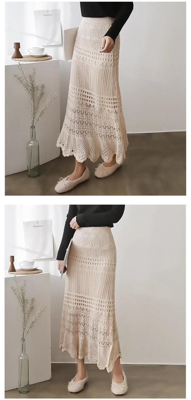 Spring Autumn High-waisted Loose-fit Knit Skirt Women's Hook Flower Hollow Out Long Dress 90cm