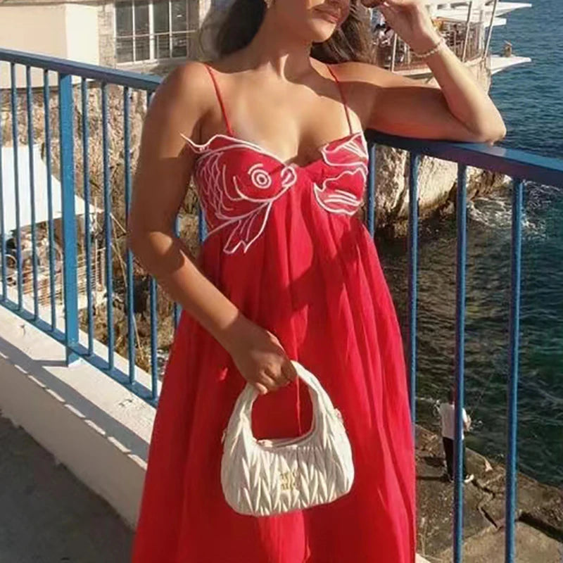 3D Fish Shaped Embroidery Pleated Sling Dress Women Spring Strapless Hollow Party Long Dress Summer Backless Side Zip Boho Dress