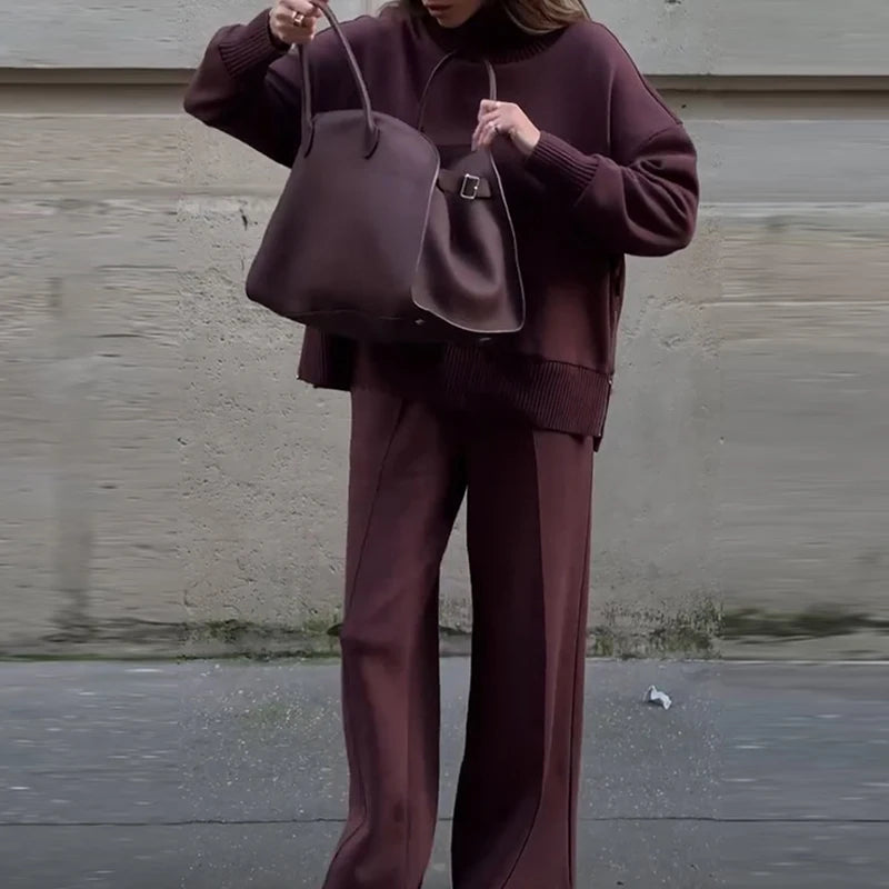 Vintage Autumn Winter Clothing New Warm Sweater Solid Wide Leg Trousers Lazy Two Piece Women Suit Casual Knitted Long Pant Sets