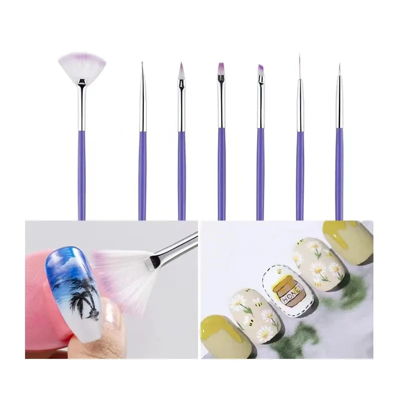 7PCS/Set Nail Art Polish Gel UV Tips Brush Dotting Painting Drawing Pen Fan Sector Line Builder Decoration Manicure Makeup Tools