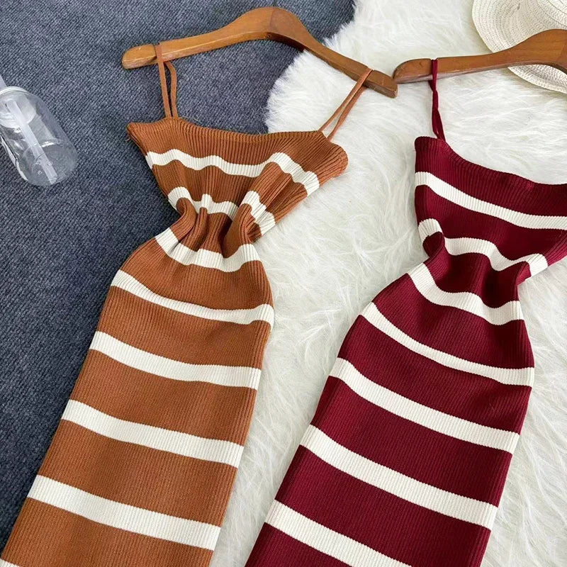 Summer Stripe Elastic Bodycon Strap Dress Sexy Beach Sundress Women Casual Slim Pencil Vestidos Maxi Long Dress