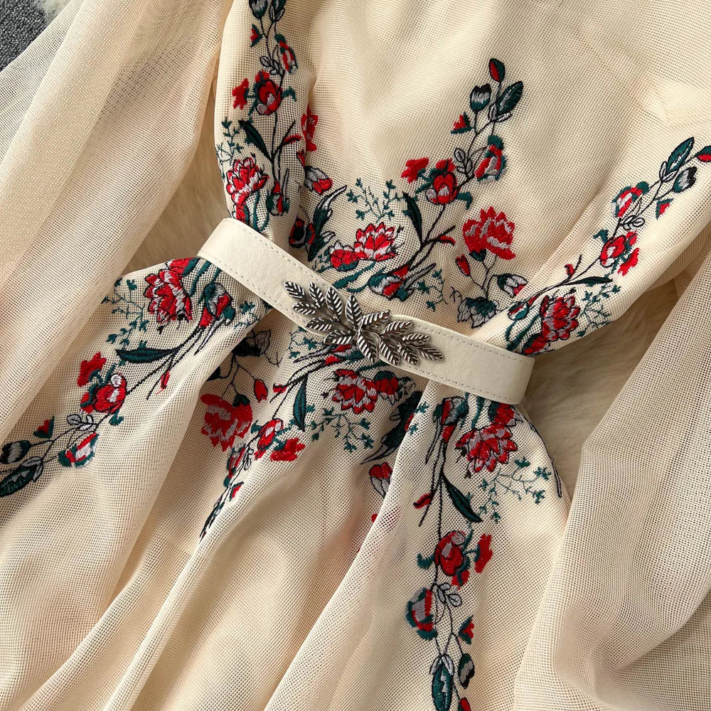 Autumn White/Beige Beading Embroidered Long Dress For Women Elegant O-Neck Puff Sleeve High Waist Elegant Party Robe New Fashion