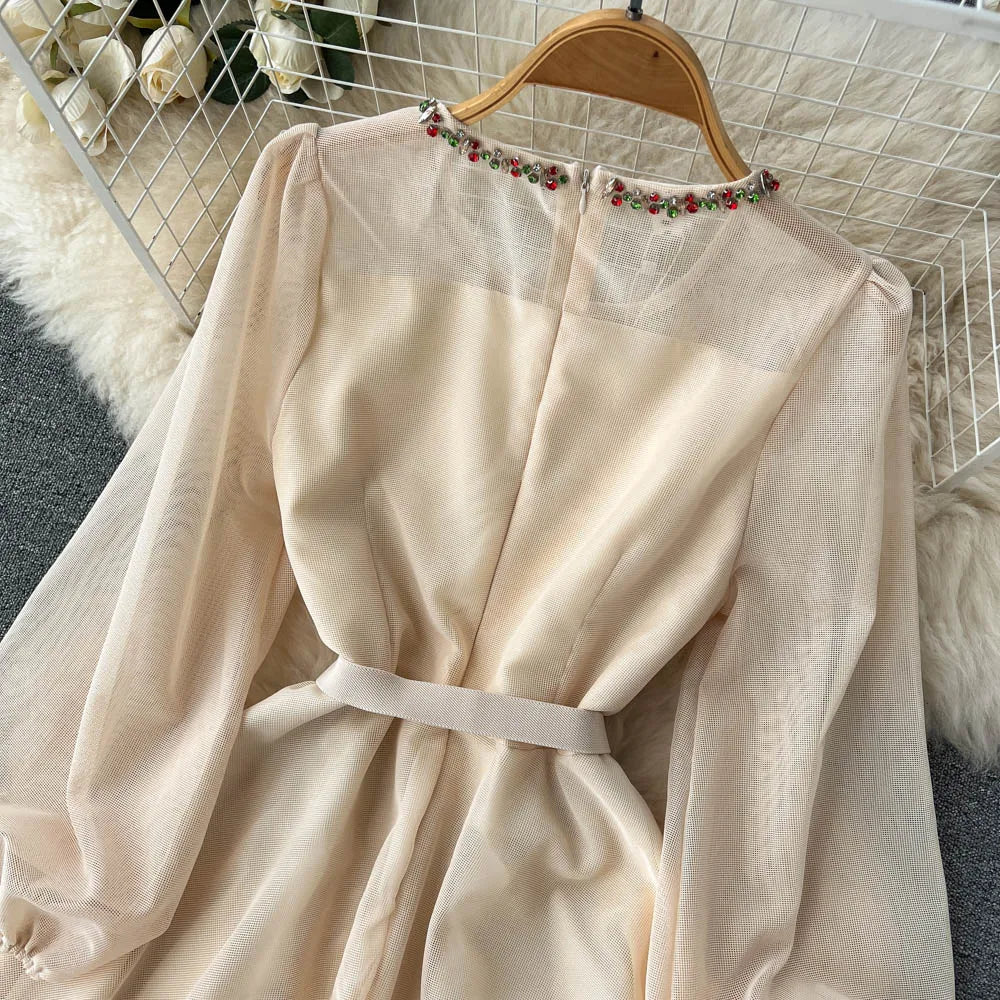 Autumn White/Beige Beading Embroidered Long Dress For Women Elegant O-Neck Puff Sleeve High Waist Elegant Party Robe New Fashion
