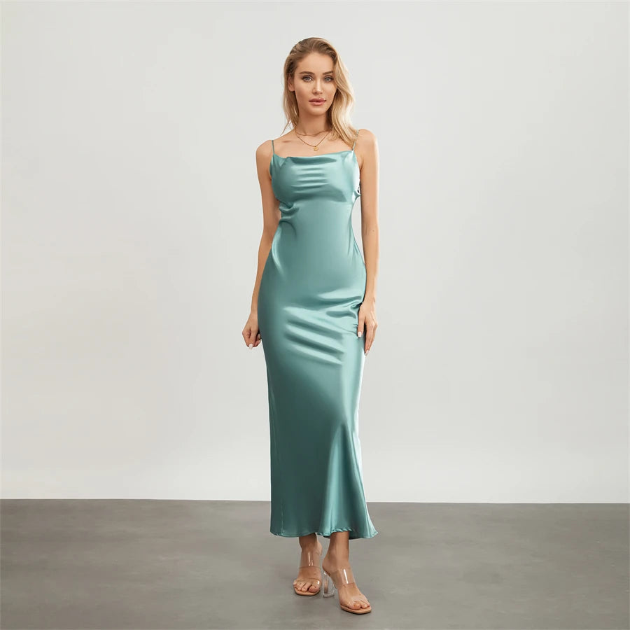 Elegant Satin Long Dress Solid Color Sleeveless Cowl Neck Wrap Party Dress