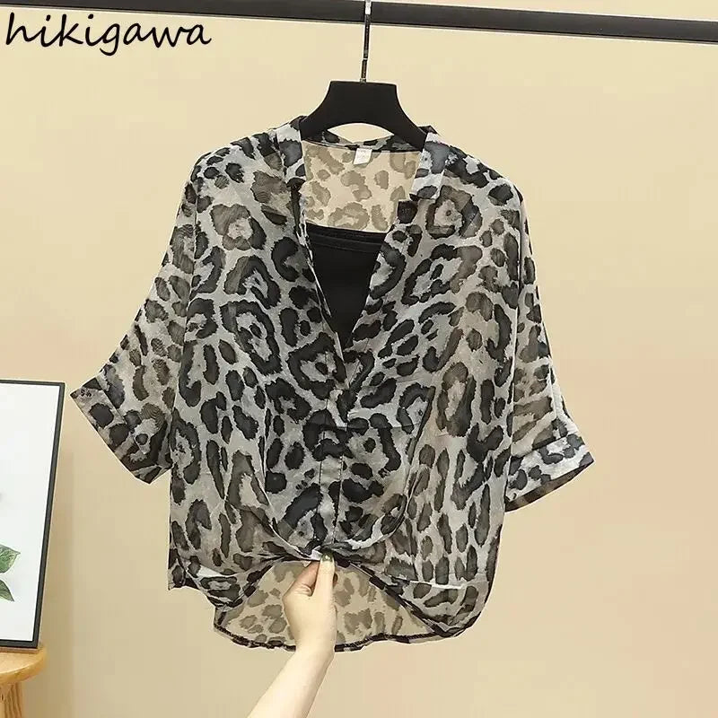 2025 Blusas Mujer De Moda Chiffon Shirts Sets Fashion Sexy Leopard V-neck Blouses Tunic Vest Suit Temperament Summer Loose Tops