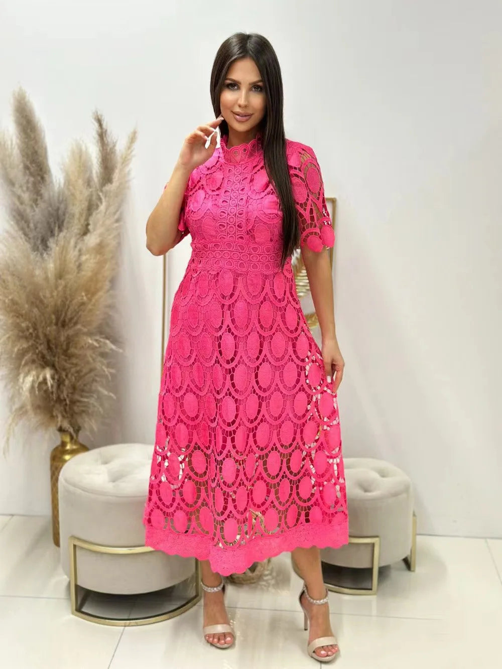 Spring New Fashionable French Lace Stand Up Collar With Bubble Sleeves Waist Cinching Slimming Dress Elegant Long Dress