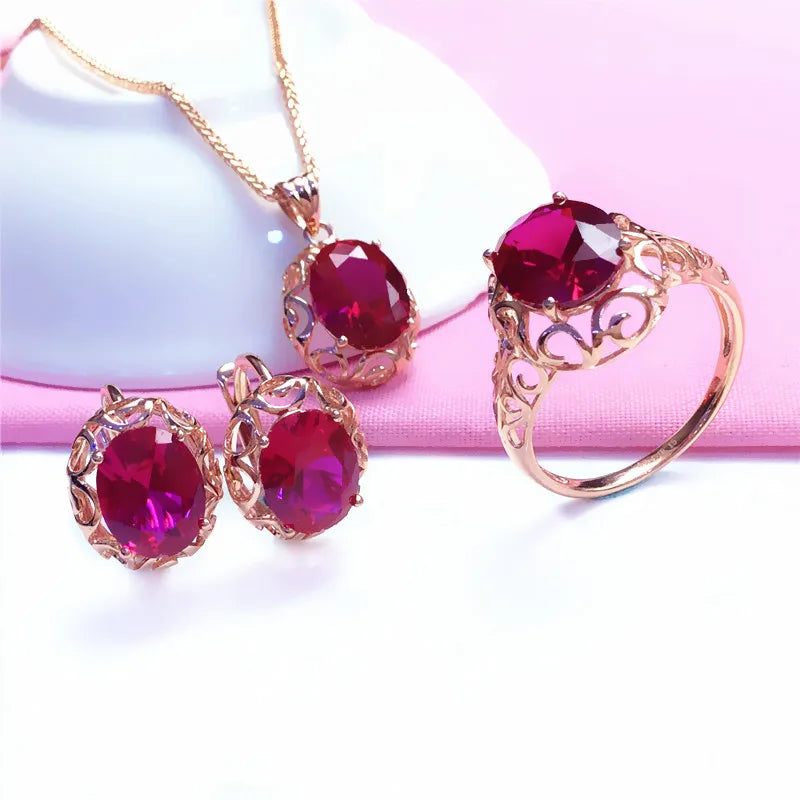 Luxury 585 purple gold inlaid ruby jewelry set hollow design 14K rose gold wedding necklaces rings earrings for girlfriend