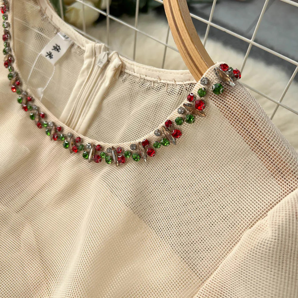 Autumn White/Beige Beading Embroidered Long Dress For Women Elegant O-Neck Puff Sleeve High Waist Elegant Party Robe New Fashion