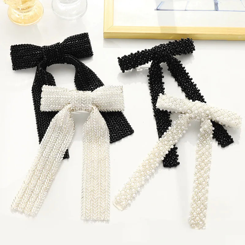 Glass Diamond Beaded Full Pearls Hairclip Bows Ribbon Barrette Girls Bow Hairpins Wedding Hair Accessories Hair Clips Women