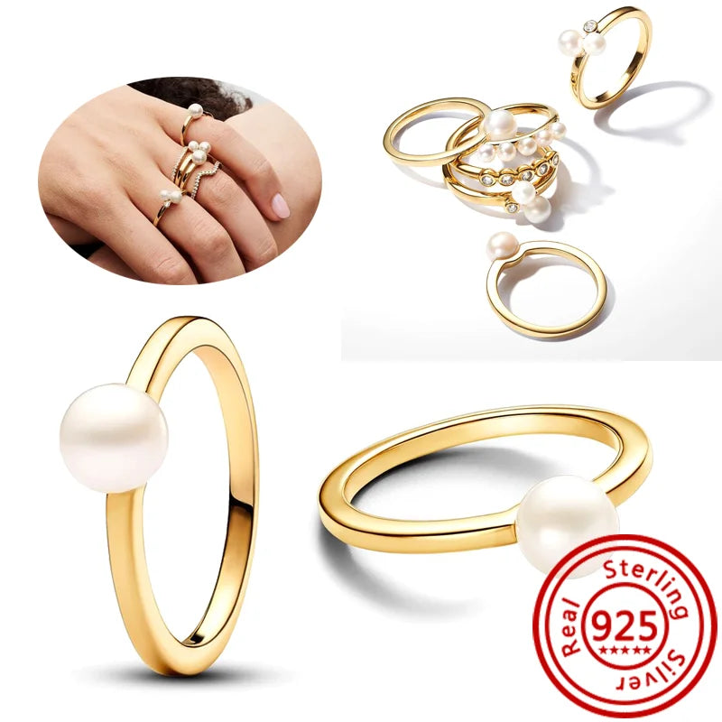 New 925 Sterling Silver Organically Shaped Stacking Pearls Hearts Stars Moon Sun Day Night Sparkling Pantaro Rings Women Jewelry