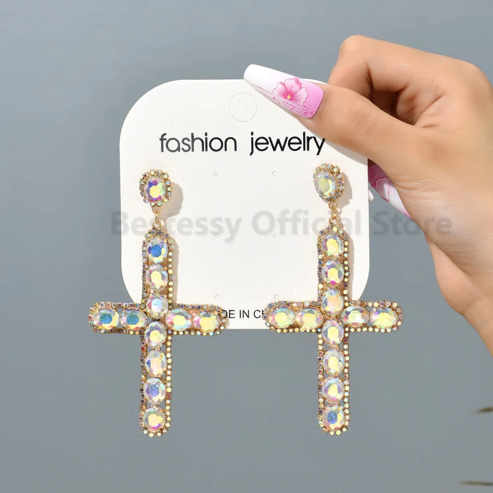 Luxury Shiny Crystal Clear Glass Cross Earrings Woman Popular Long Pendant Retro Statement Large Hanging Jewelry Ear Accessories