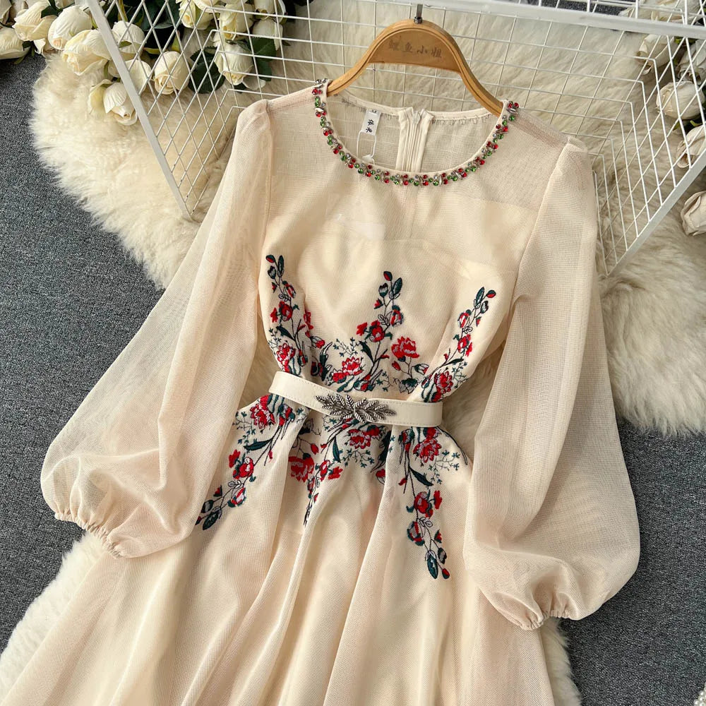 Autumn White/Beige Beading Embroidered Long Dress For Women Elegant O-Neck Puff Sleeve High Waist Elegant Party Robe New Fashion