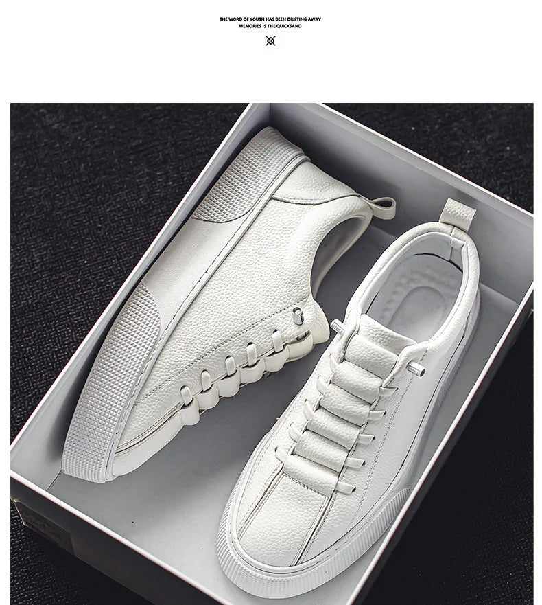 Men Classic White Leather Sneakers Casual Soft Leather Shoes Lace-up Shoes Mens Fashion Outdoor Walking Shoes Male Trainers