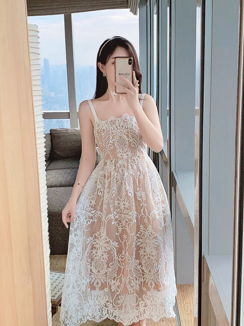 UCXQ Square Neck Lace Embroidery Elegant Long Dress Fairycore Waist Sleeveless Camisole Dresses Women 2025 Spring Summer 23A8639