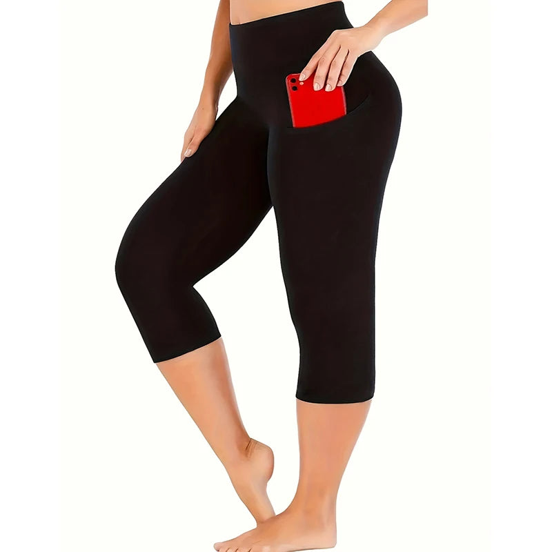 Plus Size Women Casual High Waist With Pockets Yoga Workout Capri Leggings