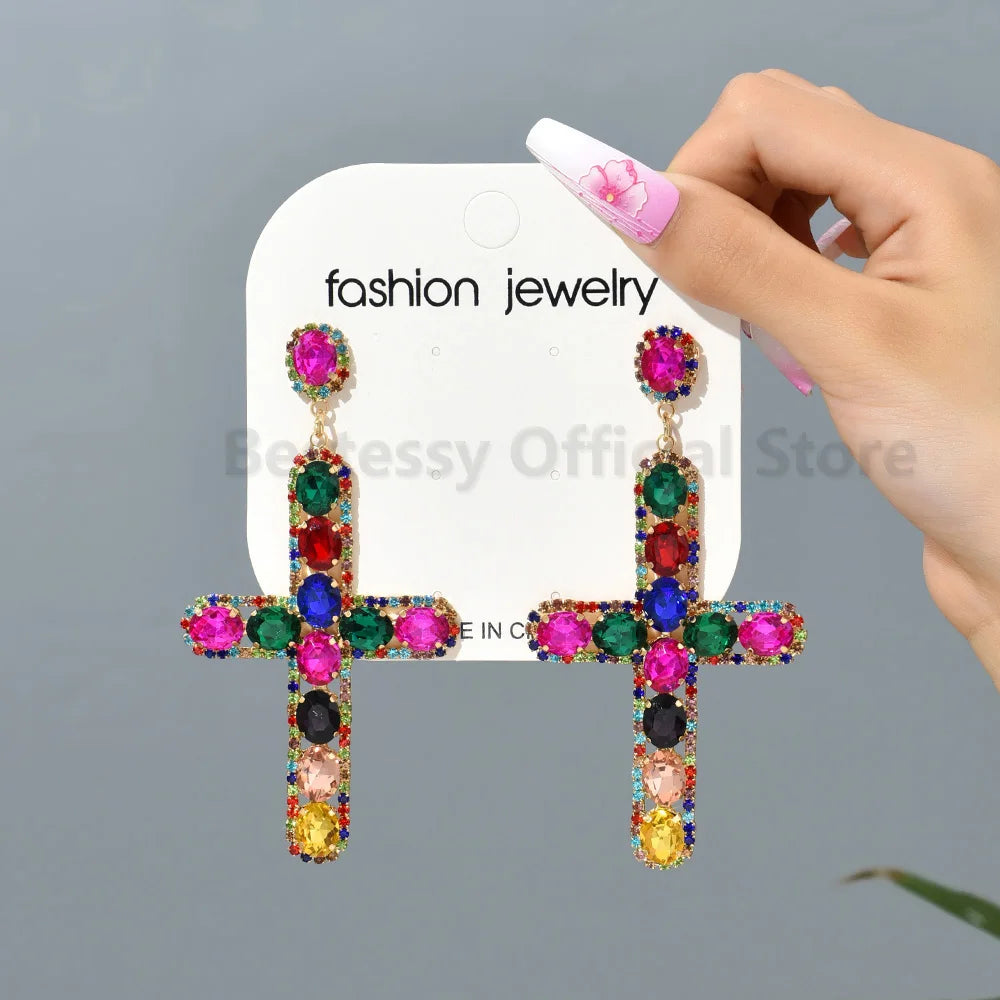 Luxury Shiny Crystal Clear Glass Cross Earrings Woman Popular Long Pendant Retro Statement Large Hanging Jewelry Ear Accessories